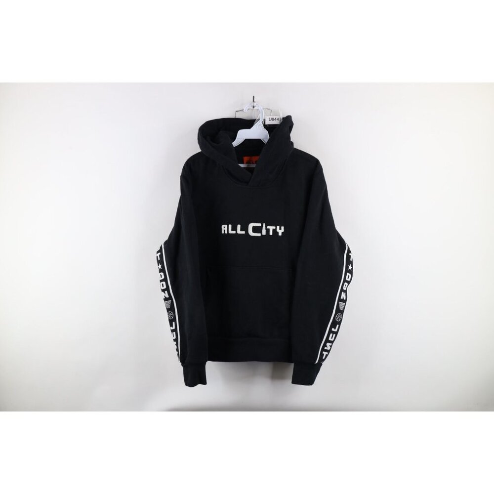 Just Don All City Mens Small Faded Spell Out Taped Logo Heavyweight Hoodie Black
